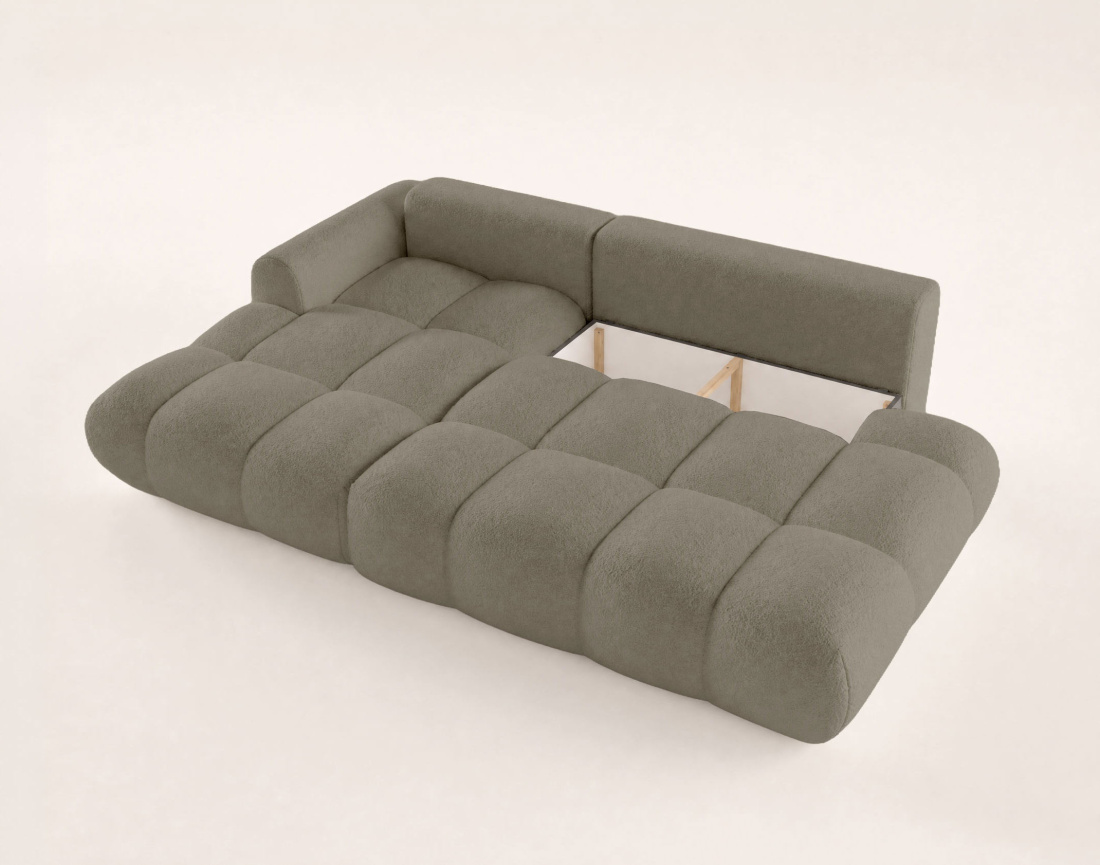 Canapé YULIN d'angle ouvert gauche 4 places convertible avec coffre en tissu bouclette