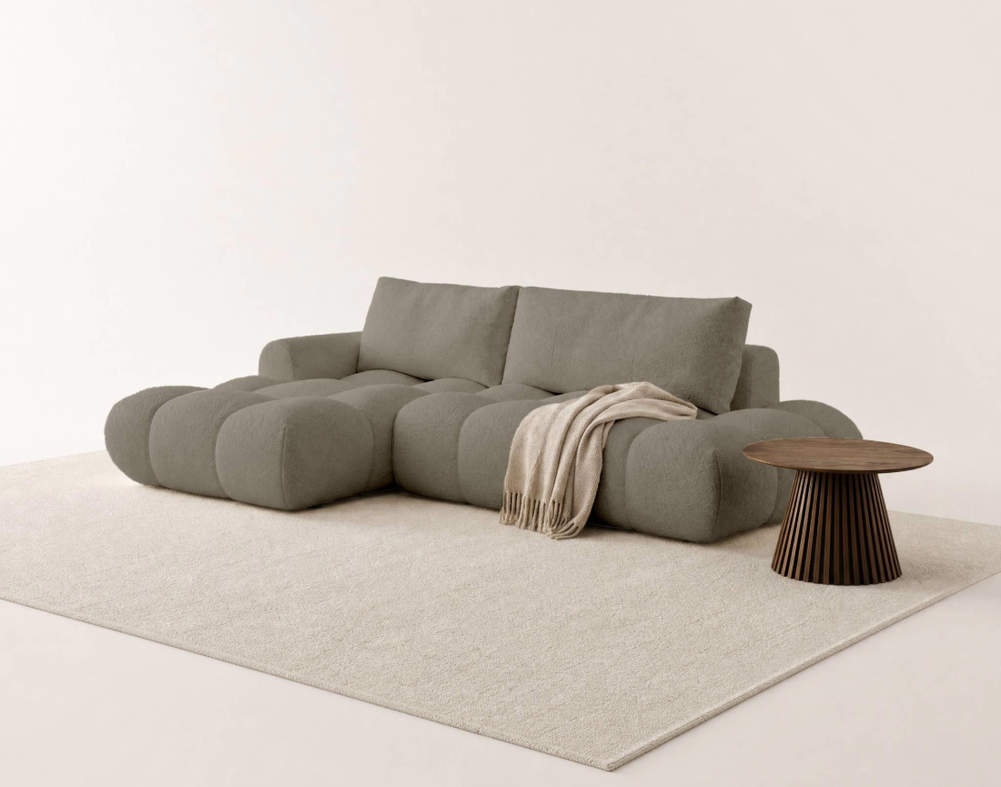 Canapé YULIN d'angle ouvert gauche 4 places convertible avec coffre en tissu bouclette