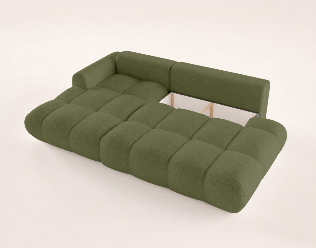 Canapé YULIN d'angle ouvert gauche 4 places convertible avec coffre en tissu bouclette