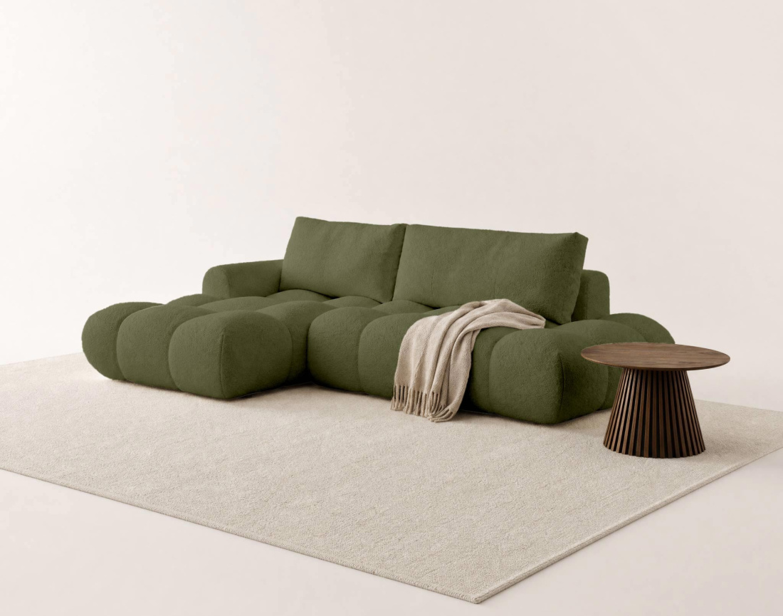 Canapé YULIN d'angle ouvert gauche 4 places convertible avec coffre en tissu bouclette