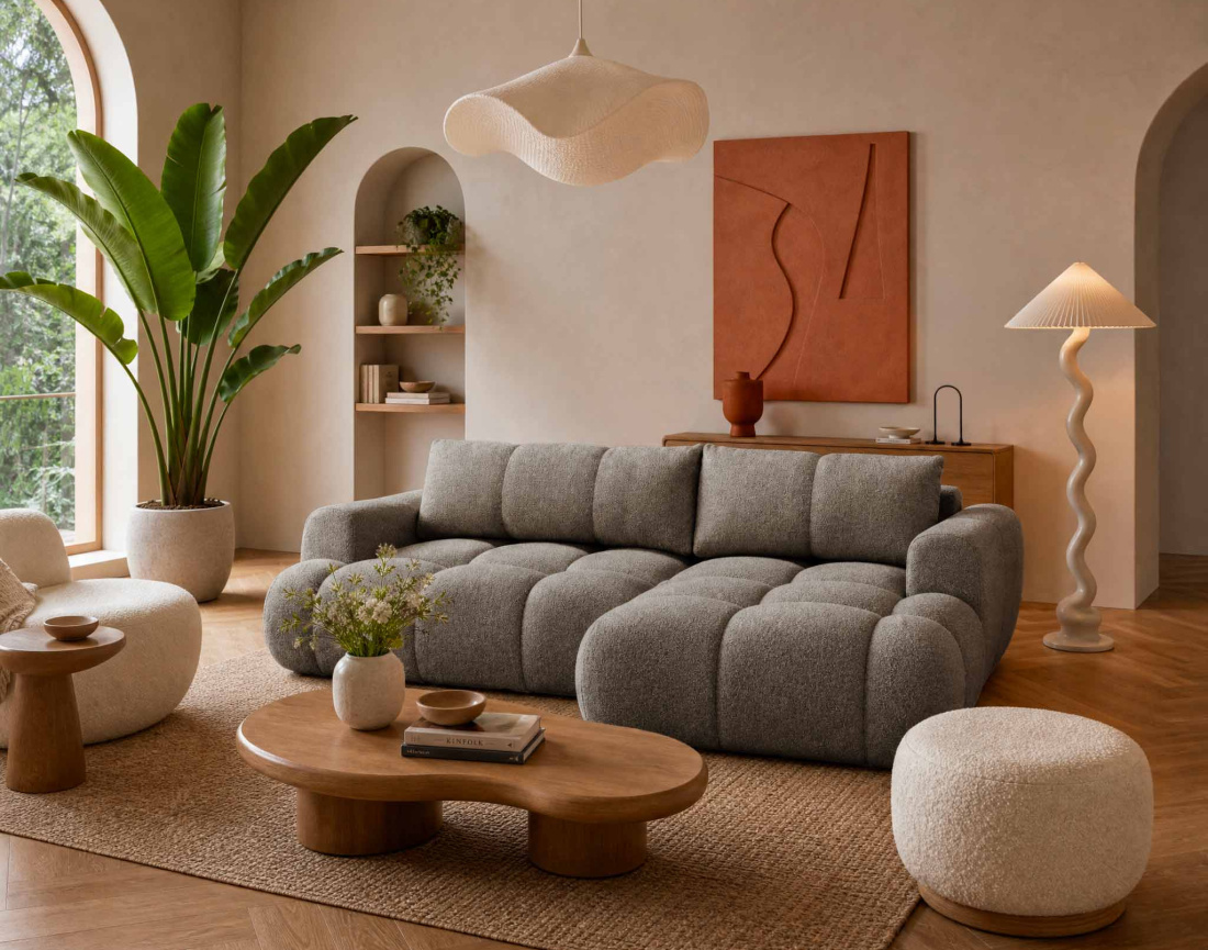 Canapé YULIN d'angle droit 4 places convertible avec coffre en tissu bouclette Yulin - Best Mobilier