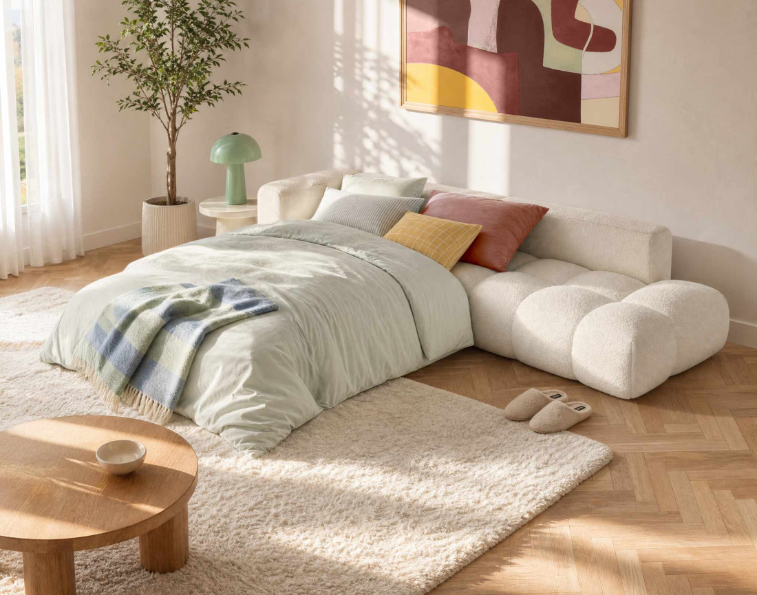Canapé YULIN d'angle L 5 places convertible coffre tissu bouclette | Best Mobilier