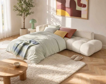 Canapé YULIN d'angle L 5 places convertible coffre tissu bouclette | Best Mobilier
