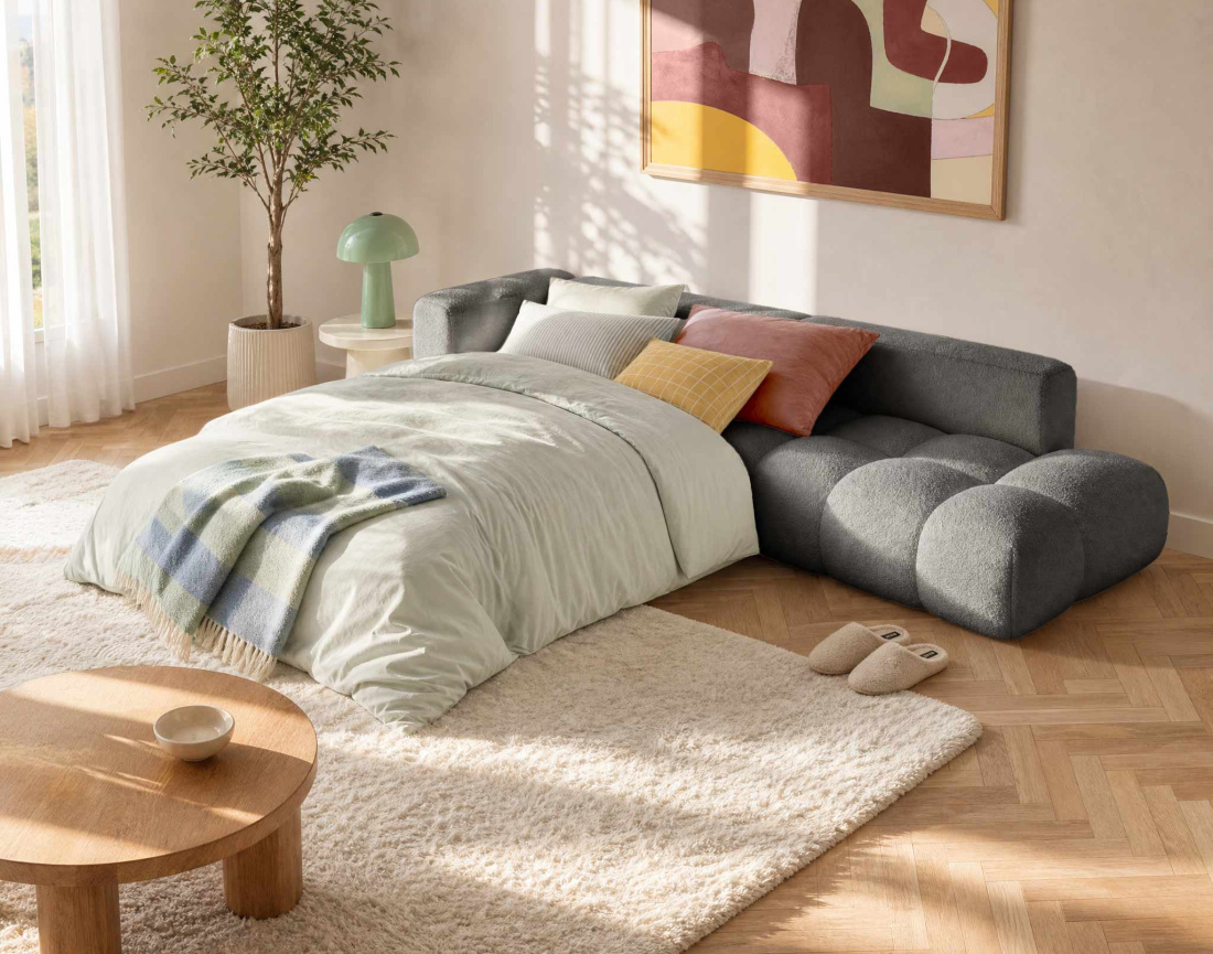 Canapé YULIN d'angle L 5 places convertible coffre tissu bouclette | Best Mobilier