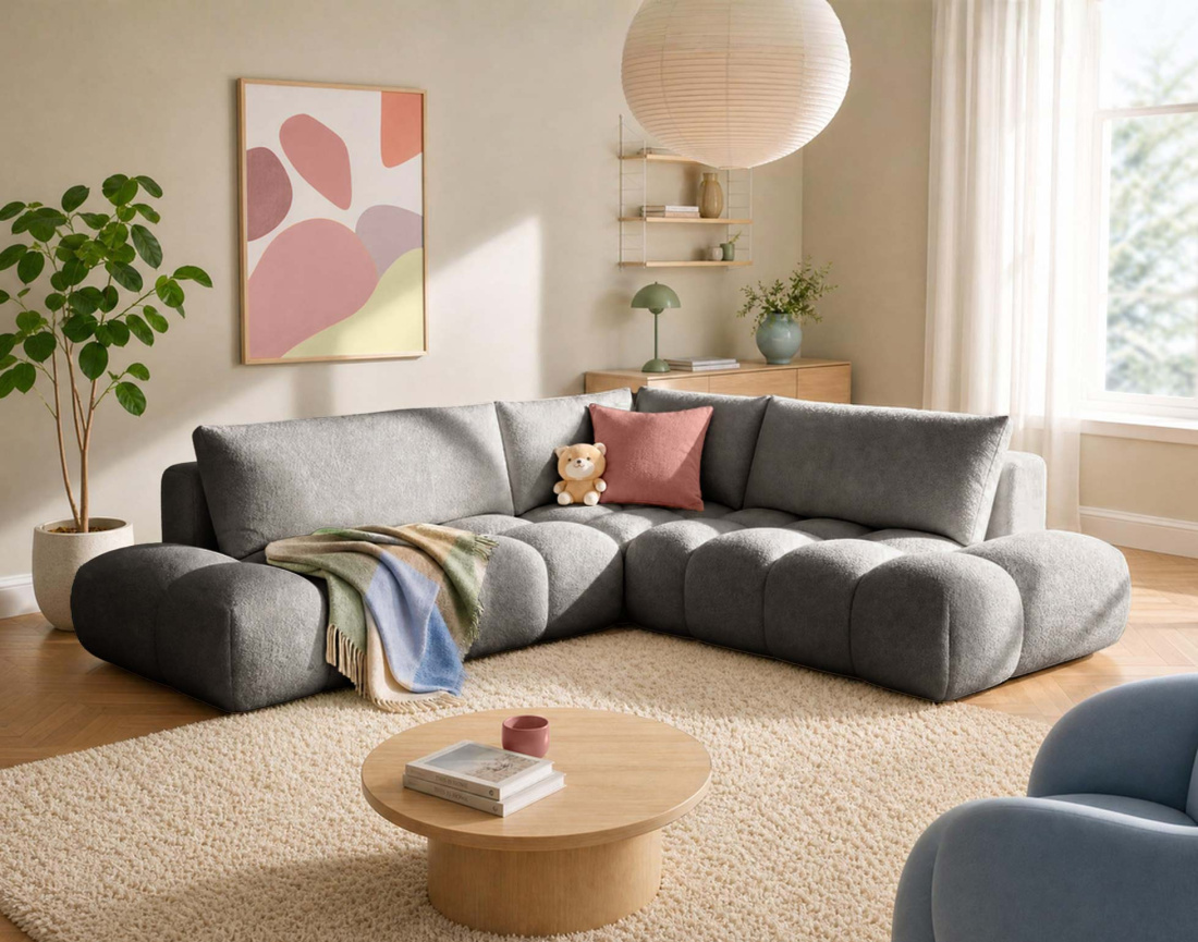 Canapé YULIN d'angle L 5 places convertible coffre tissu bouclette | Best Mobilier