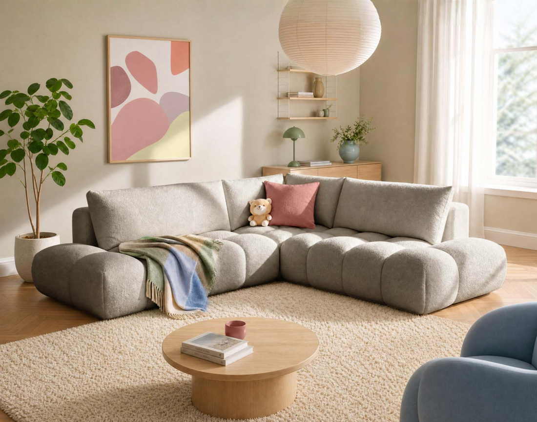 Canapé YULIN d'angle L 5 places convertible coffre tissu bouclette | Best Mobilier
