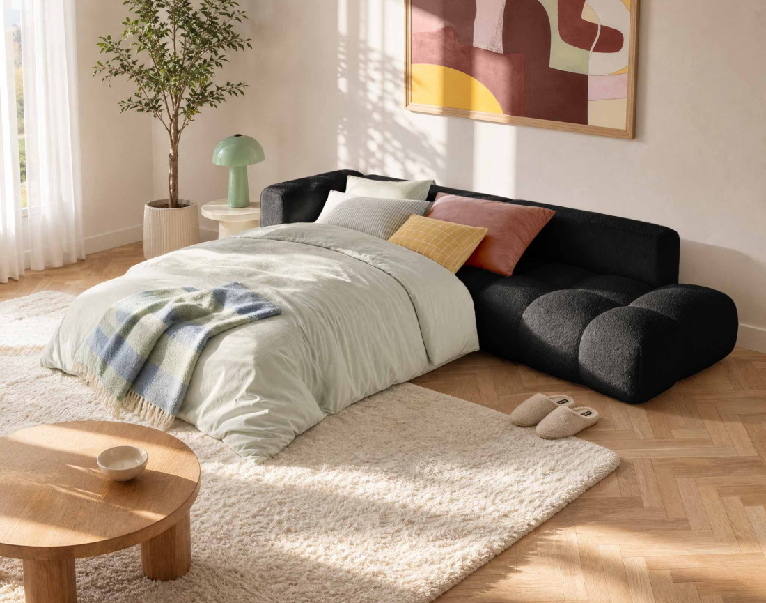 Canapé YULIN d'angle L 5 places convertible coffre tissu bouclette | Best Mobilier