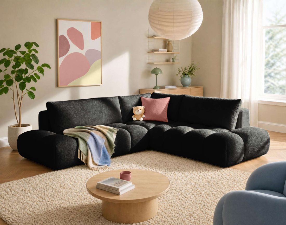 Canapé YULIN d'angle L 5 places convertible coffre tissu bouclette | Best Mobilier