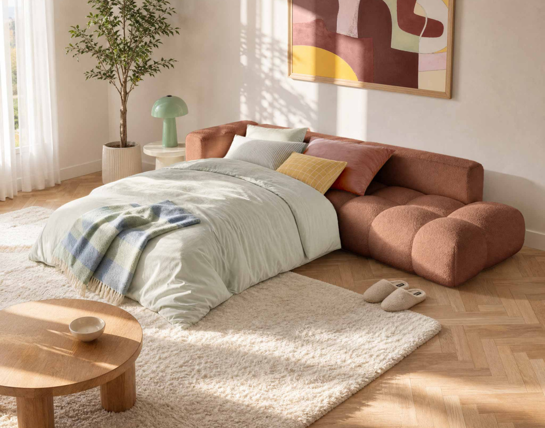 Canapé YULIN d'angle L 5 places convertible coffre tissu bouclette | Best Mobilier