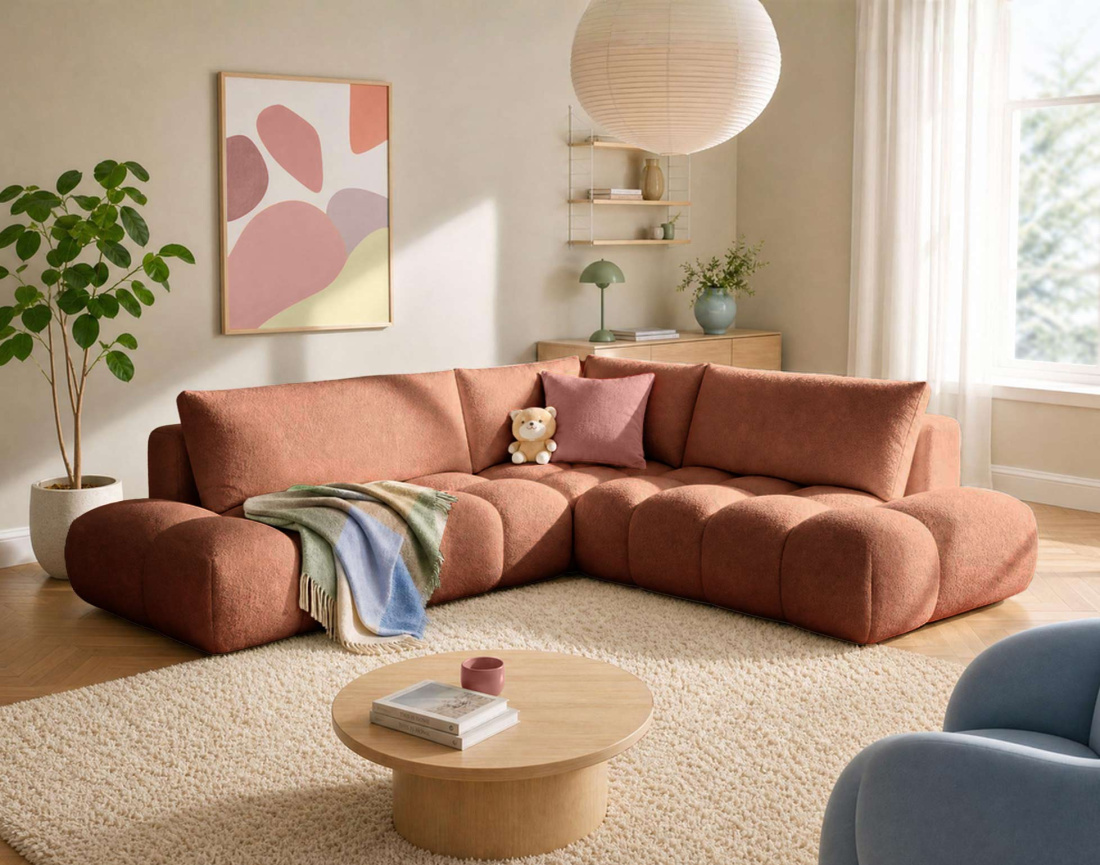 Canapé YULIN d'angle L 5 places convertible coffre tissu bouclette | Best Mobilier