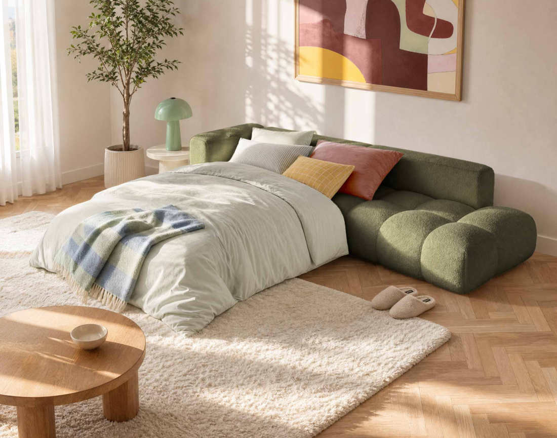 Canapé YULIN d'angle L 5 places convertible coffre tissu bouclette | Best Mobilier