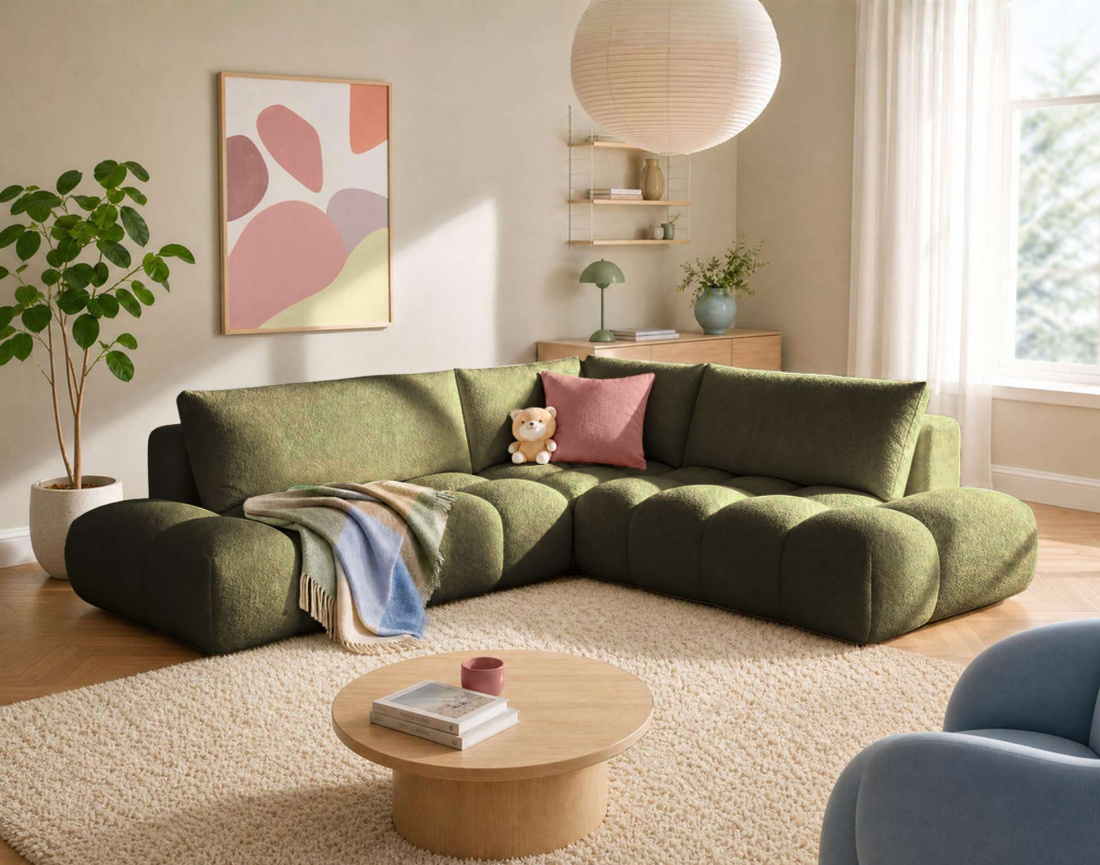 Canapé YULIN d'angle L 5 places convertible coffre tissu bouclette | Best Mobilier