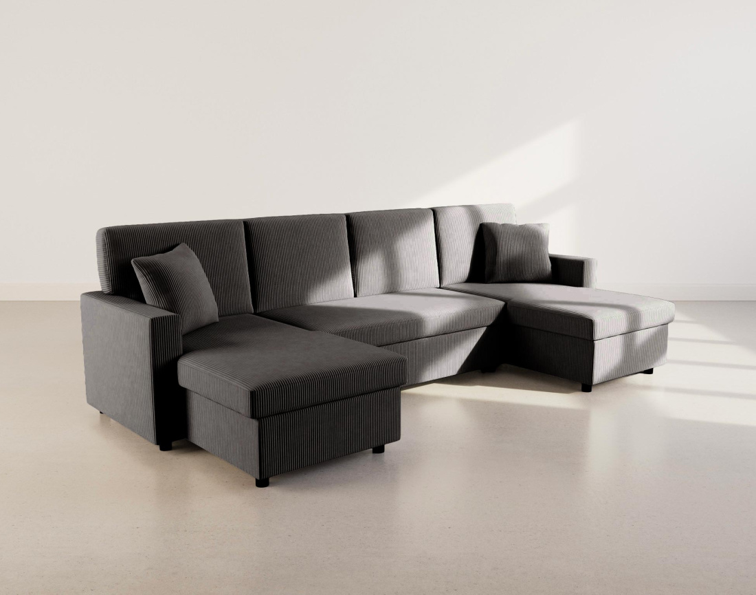 Canapé MEIYA panoramique en U 7 places convertible avec coffre en velours côtelé | Best Mobilier