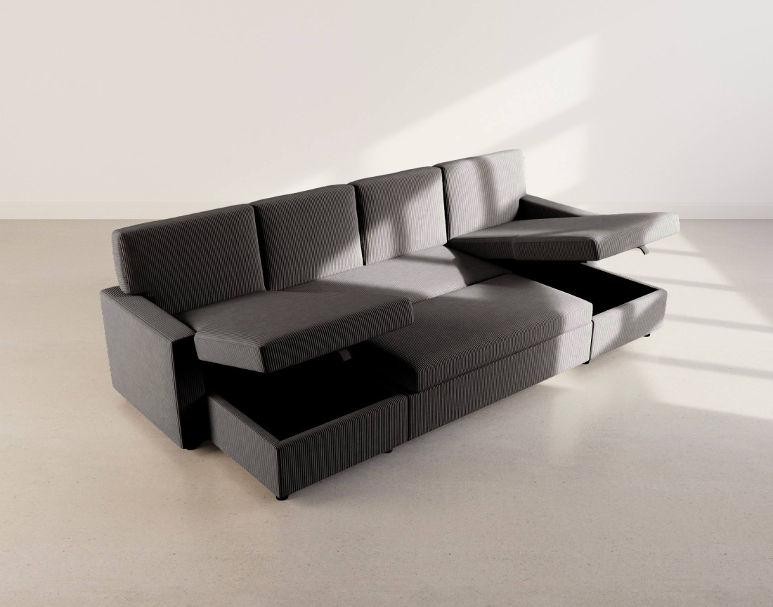 Canapé MEIYA panoramique en U 7 places convertible avec coffre en velours côtelé | Best Mobilier