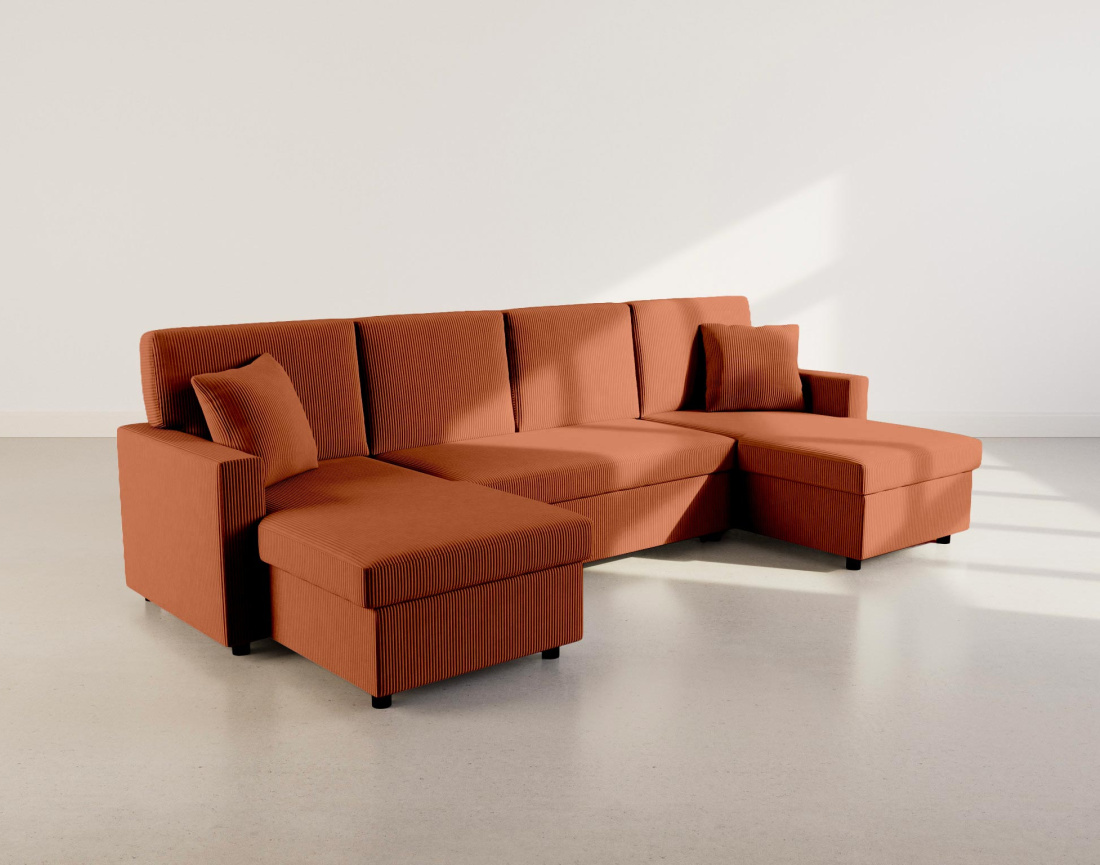 Canapé MEIYA panoramique en U 7 places convertible avec coffre en velours côtelé | Best Mobilier