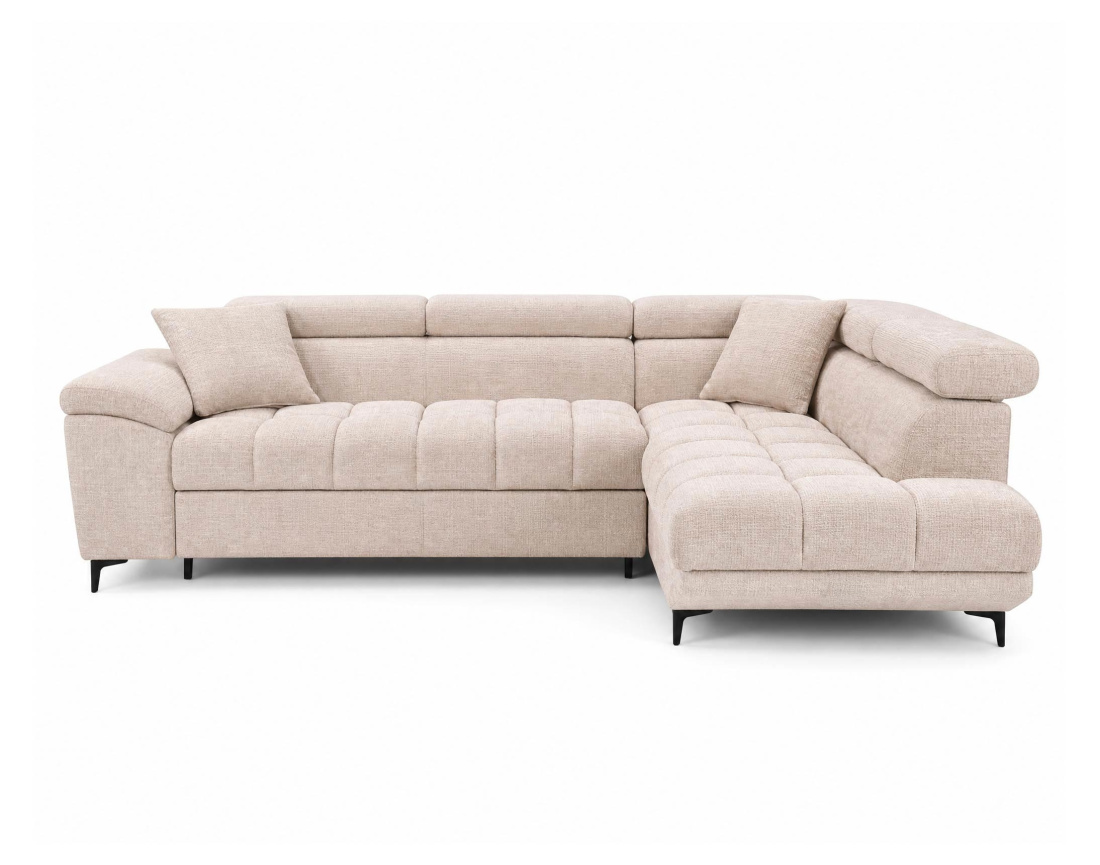Canapé d'angle droit 5 places convertible avec têtières et coffre en velours texturé Camille