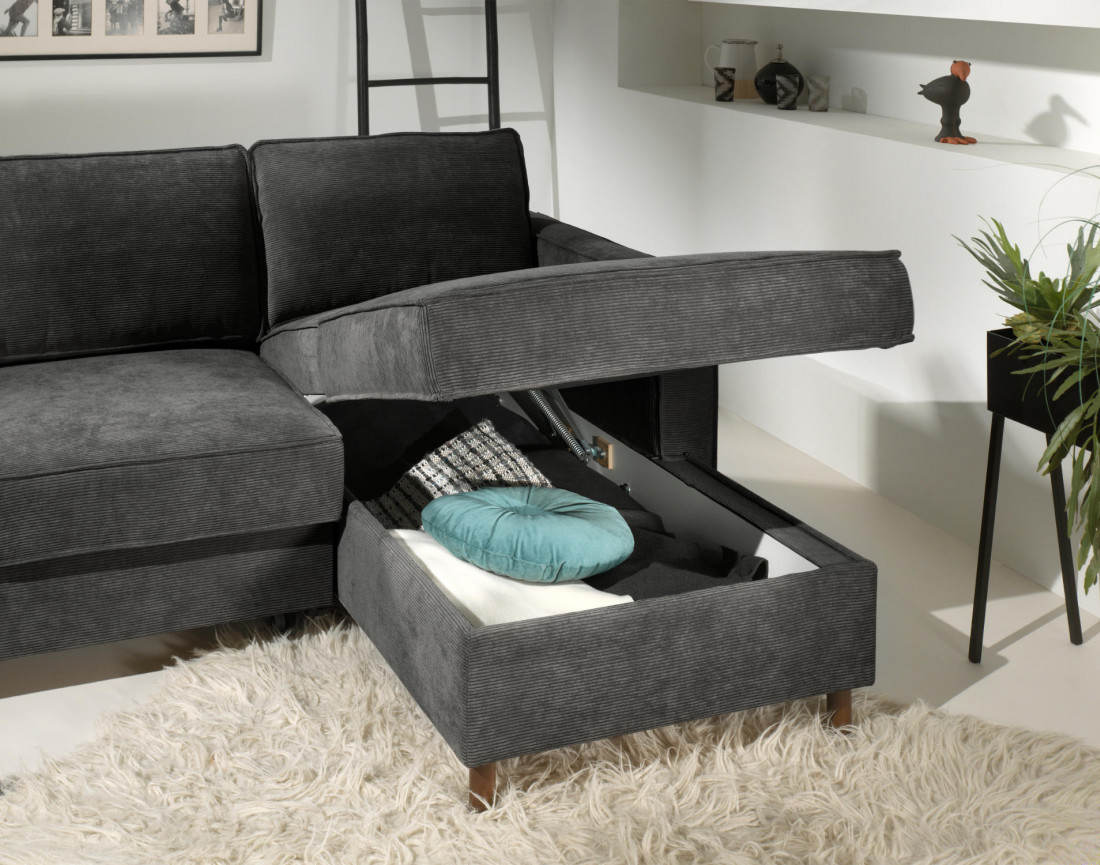 Canapé d'angle droit convertible avec coffre 4 places en velours côtelé Jake