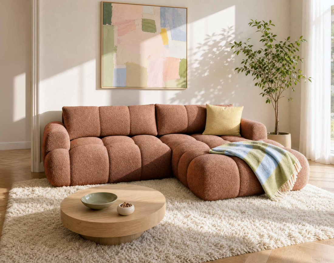 Canapé YULIN d'angle droit 4 places convertible avec coffre en tissu bouclette Yulin - Best Mobilier