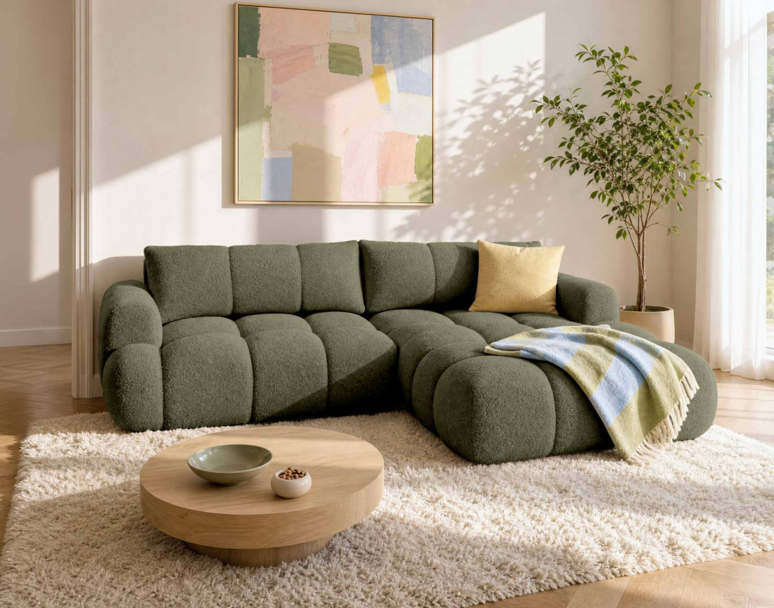 Canapé YULIN d'angle droit 4 places convertible avec coffre en tissu bouclette Yulin - Best Mobilier