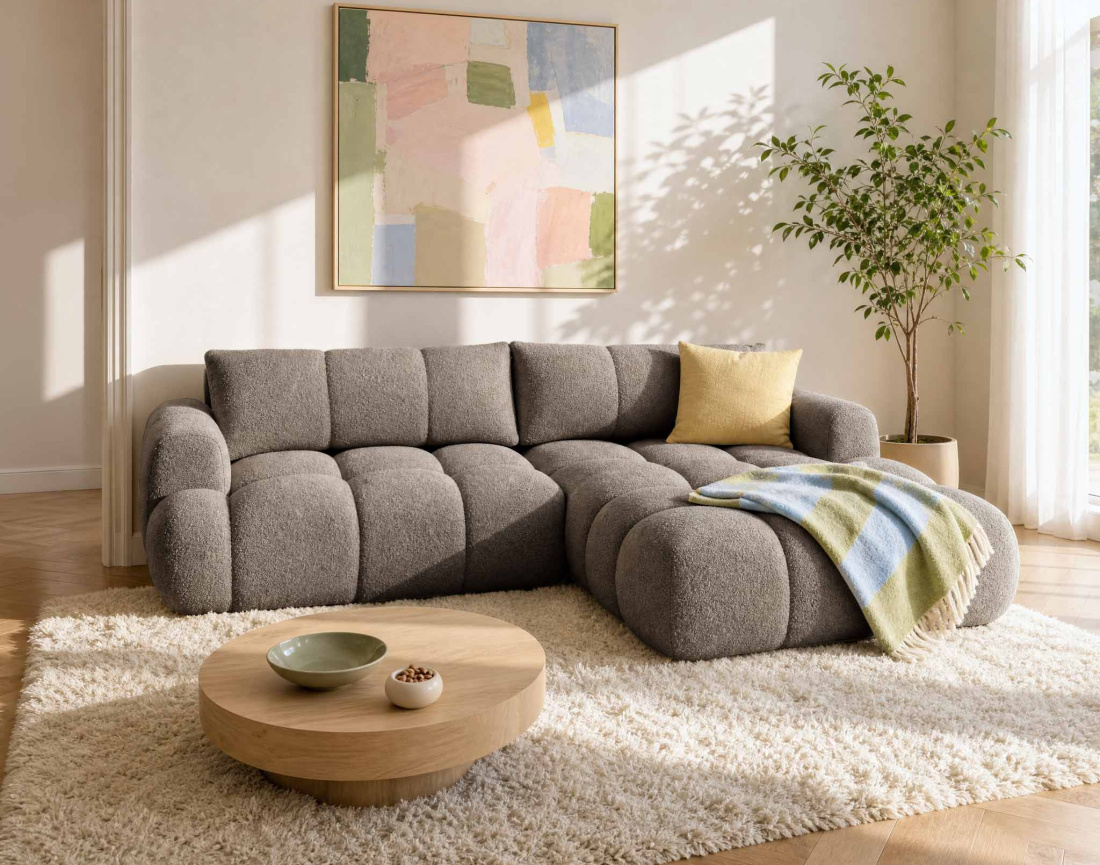 Canapé YULIN d'angle droit 4 places convertible avec coffre en tissu bouclette Yulin - Best Mobilier