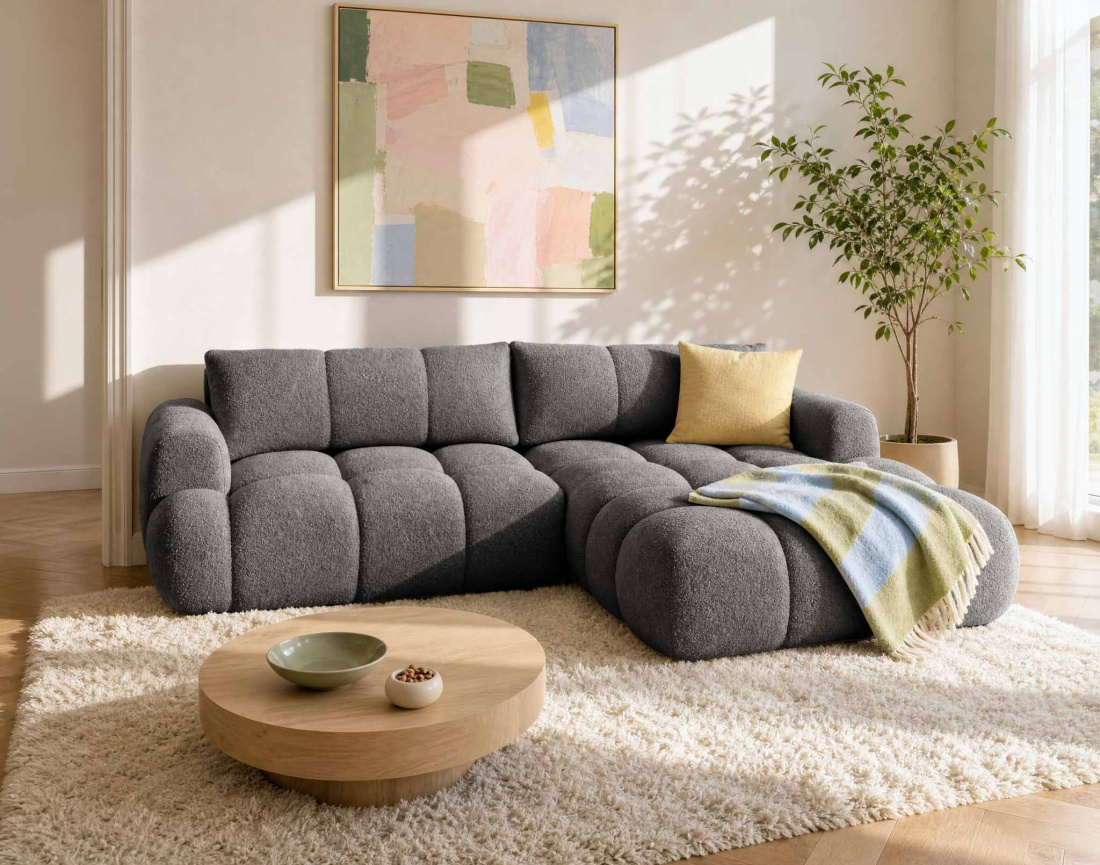 Canapé YULIN d'angle droit 4 places convertible avec coffre en tissu bouclette Yulin - Best Mobilier