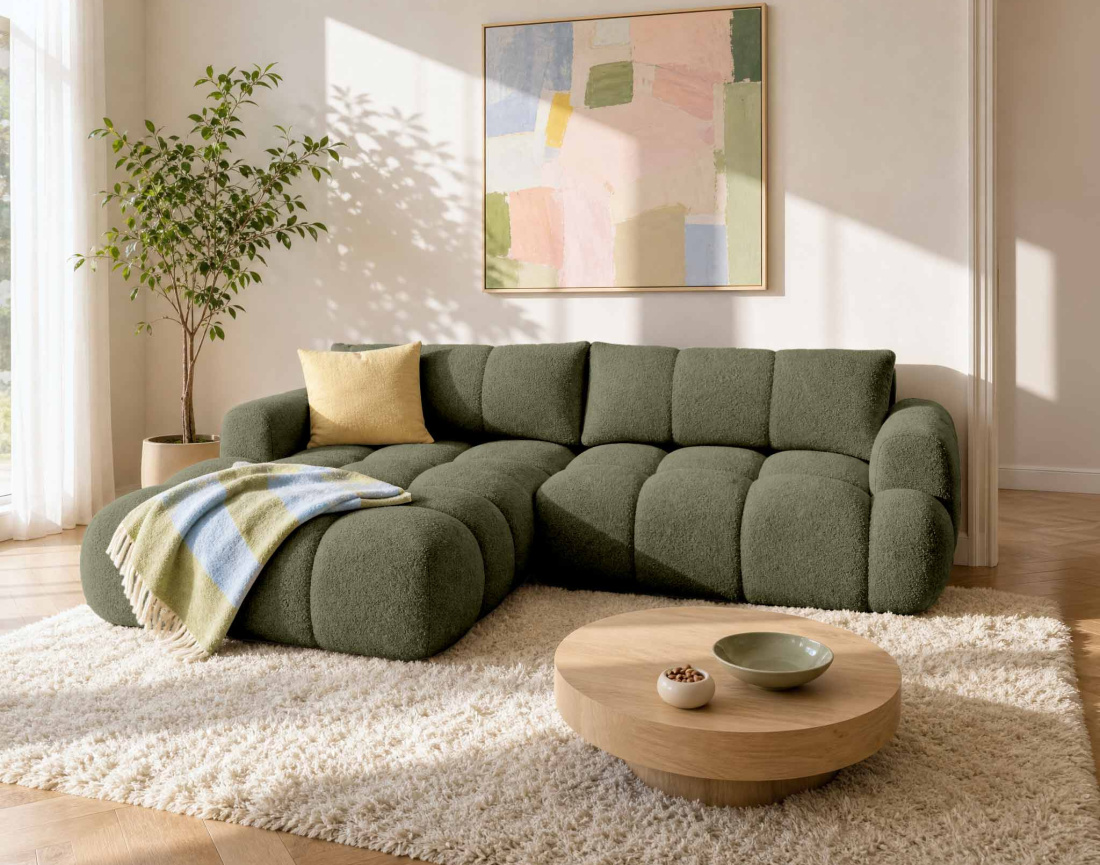 Canapé YULIN d'angle 4 places convertible en tissu bouclette - Best Mobilier