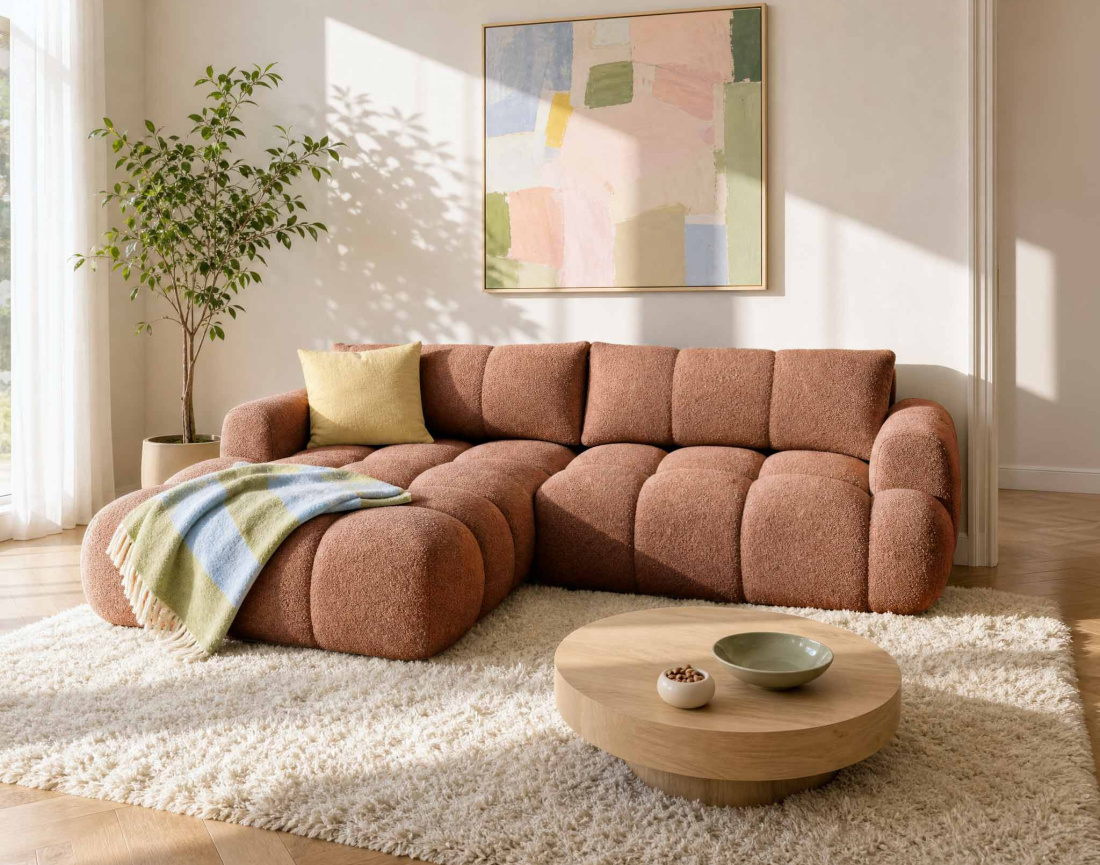 Canapé YULIN d'angle 4 places convertible en tissu bouclette - Best Mobilier