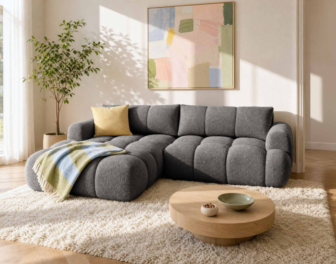 Canapé YULIN d'angle 4 places convertible en tissu bouclette - Best Mobilier