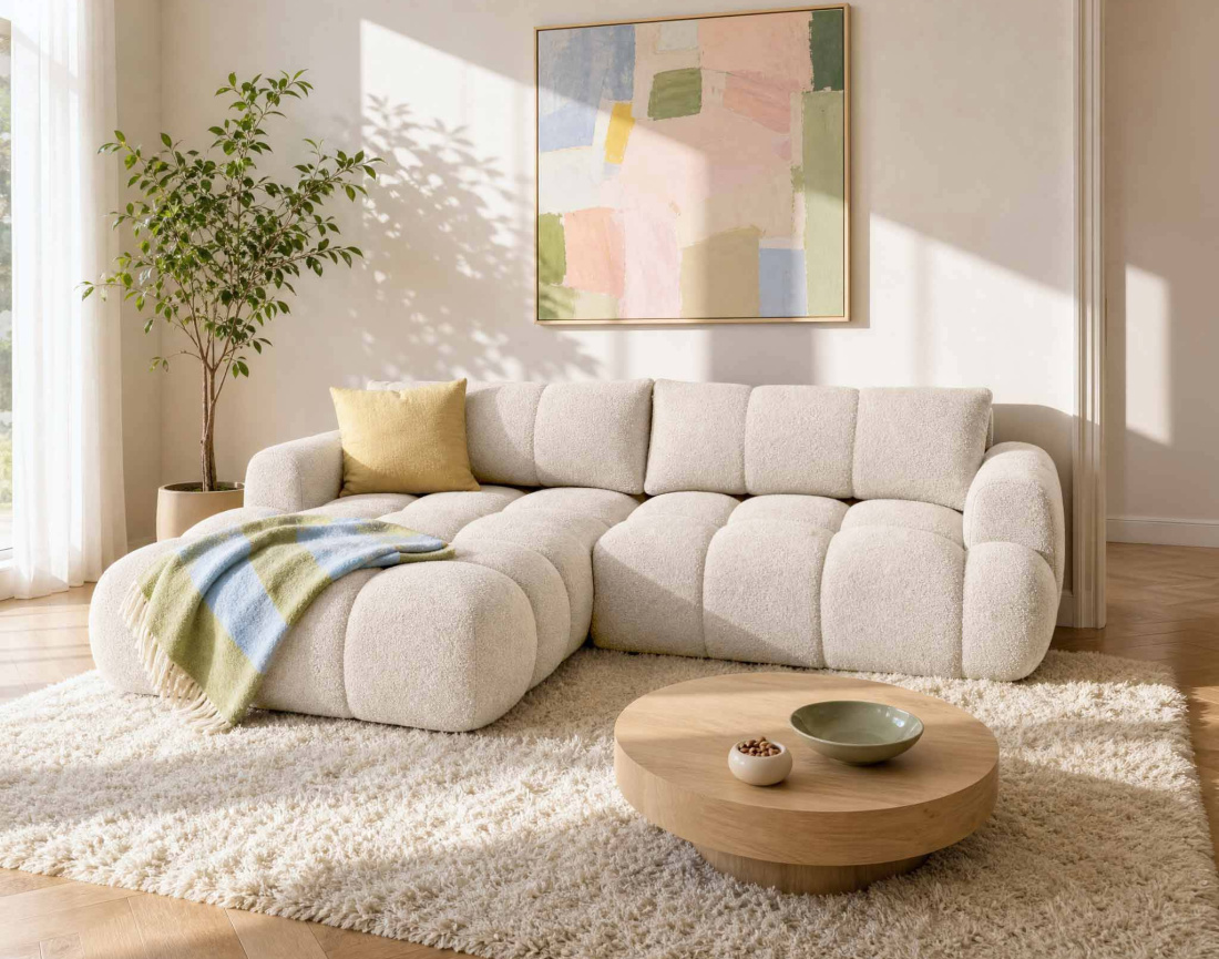 Canapé YULIN d'angle 4 places convertible en tissu bouclette - Best Mobilier