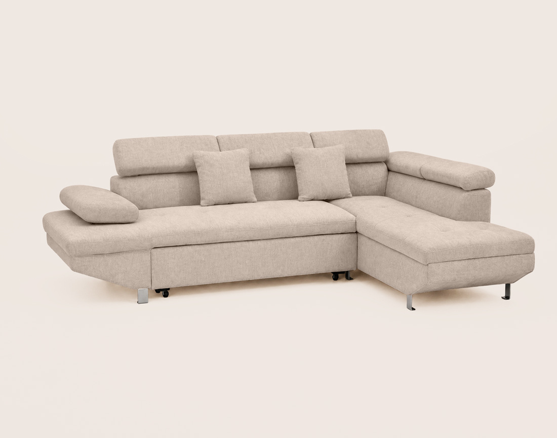 Canapé MARGAUX d'angle droit 5 places convertible avec coffre et têtières réglables en velours texturé | Best Mobilier