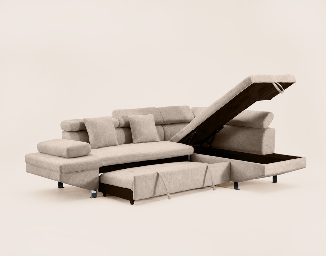 Canapé MARGAUX d'angle droit 5 places convertible avec coffre et têtières réglables en velours texturé | Best Mobilier
