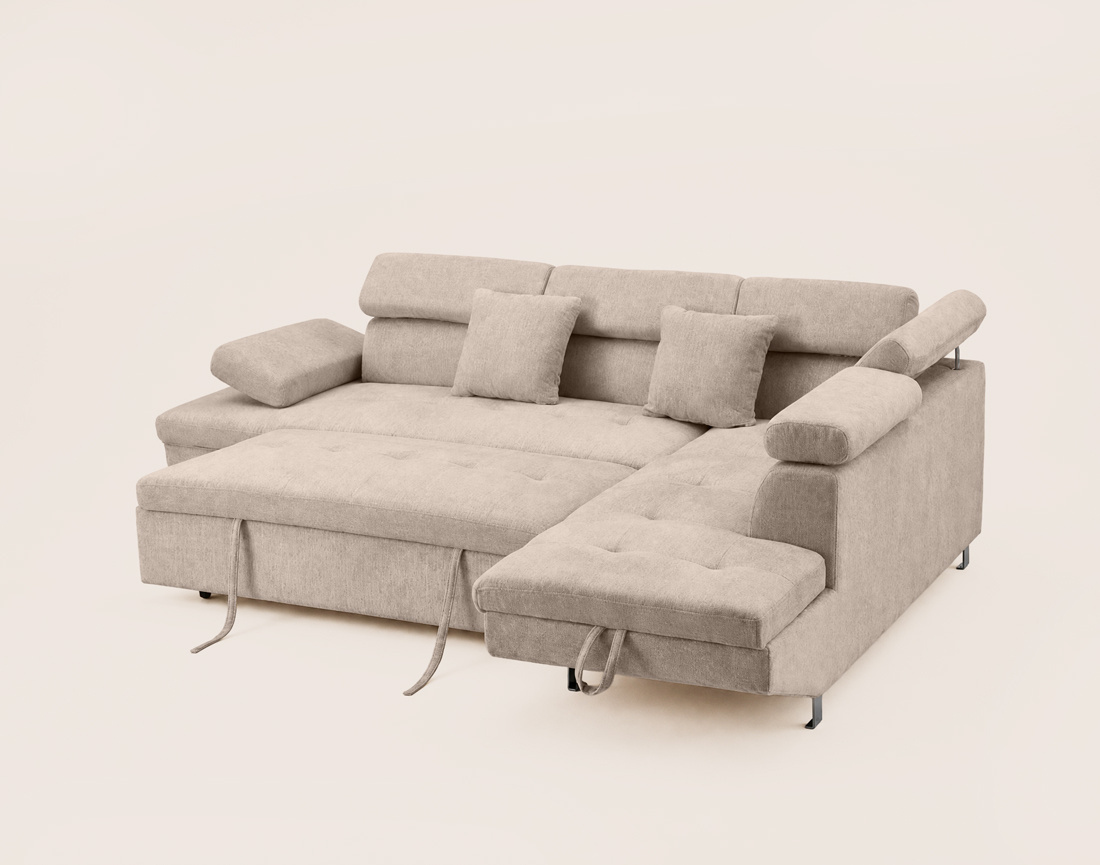 Canapé MARGAUX d'angle droit 5 places convertible avec coffre et têtières réglables en velours texturé | Best Mobilier