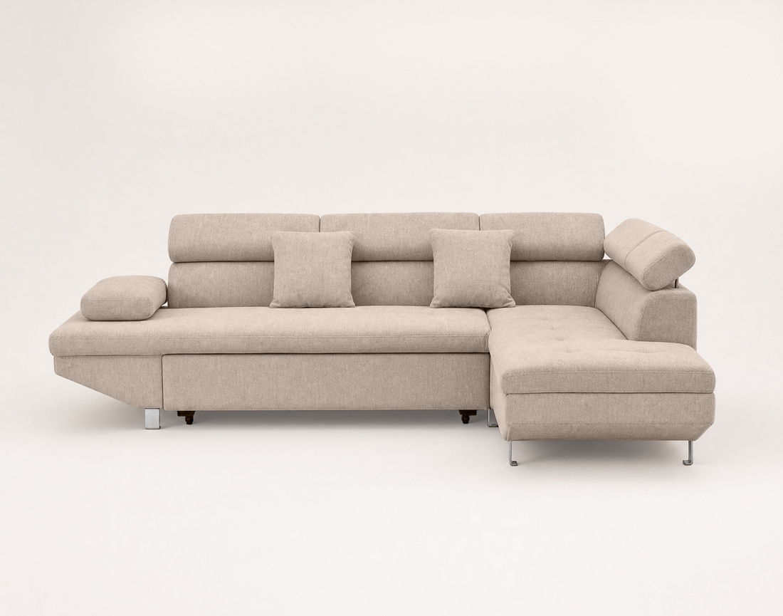 Canapé MARGAUX d'angle droit 5 places convertible avec coffre et têtières réglables en velours texturé | Best Mobilier