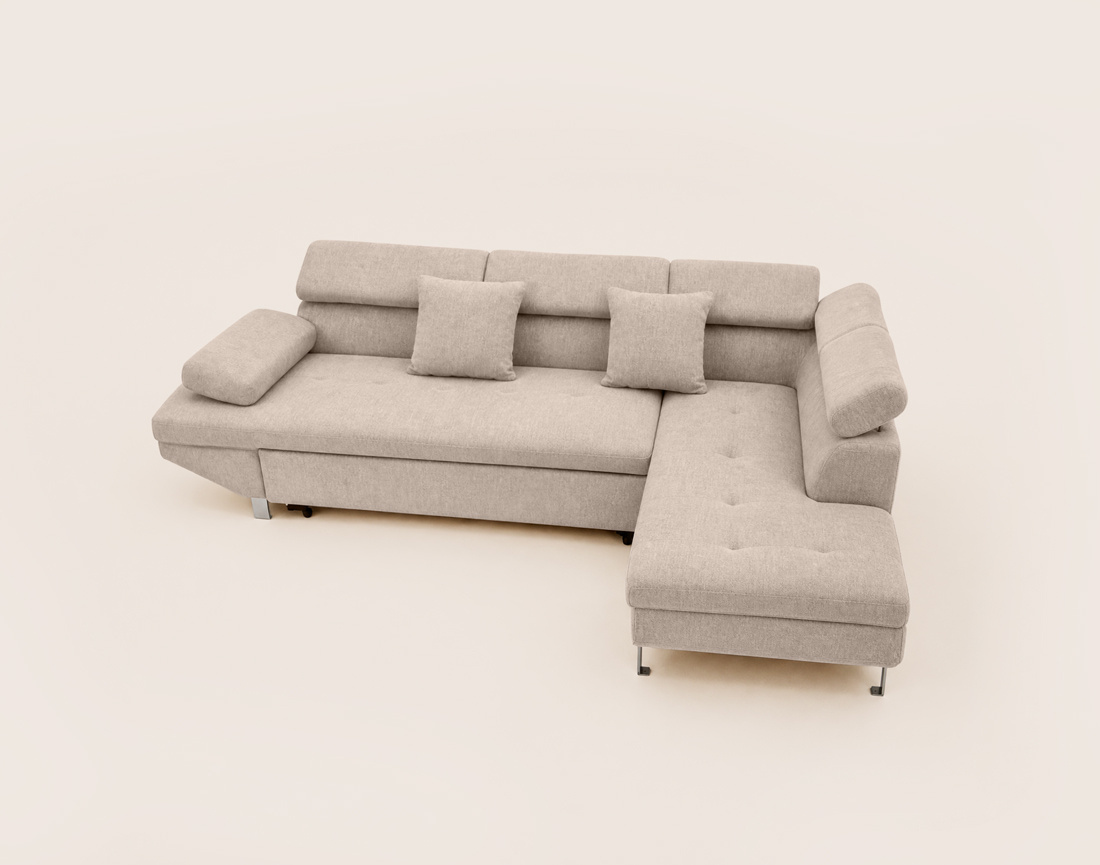 Canapé MARGAUX d'angle droit 5 places convertible avec coffre et têtières réglables en velours texturé | Best Mobilier