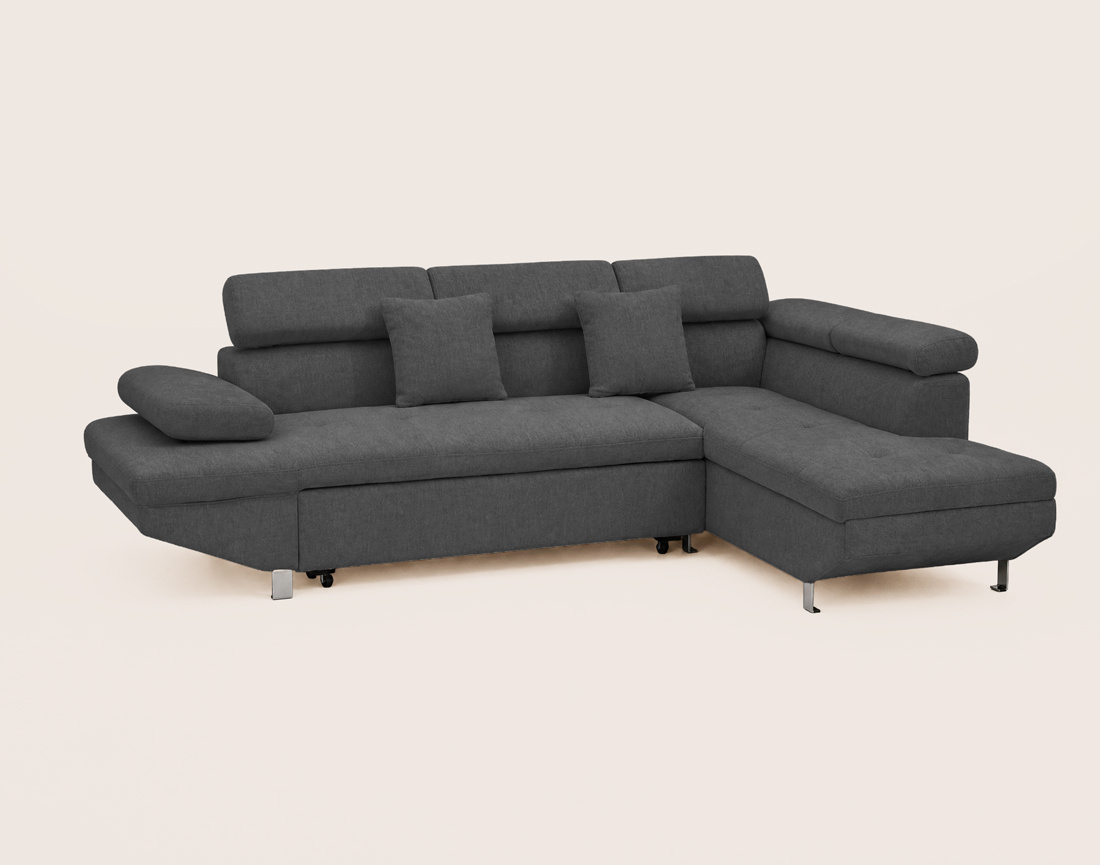 Canapé MARGAUX d'angle droit 5 places convertible avec coffre et têtières réglables en velours texturé | Best Mobilier