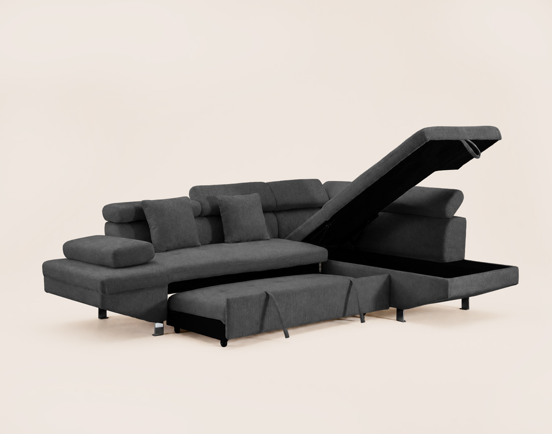 Canapé MARGAUX d'angle droit 5 places convertible avec coffre et têtières réglables en velours texturé | Best Mobilier