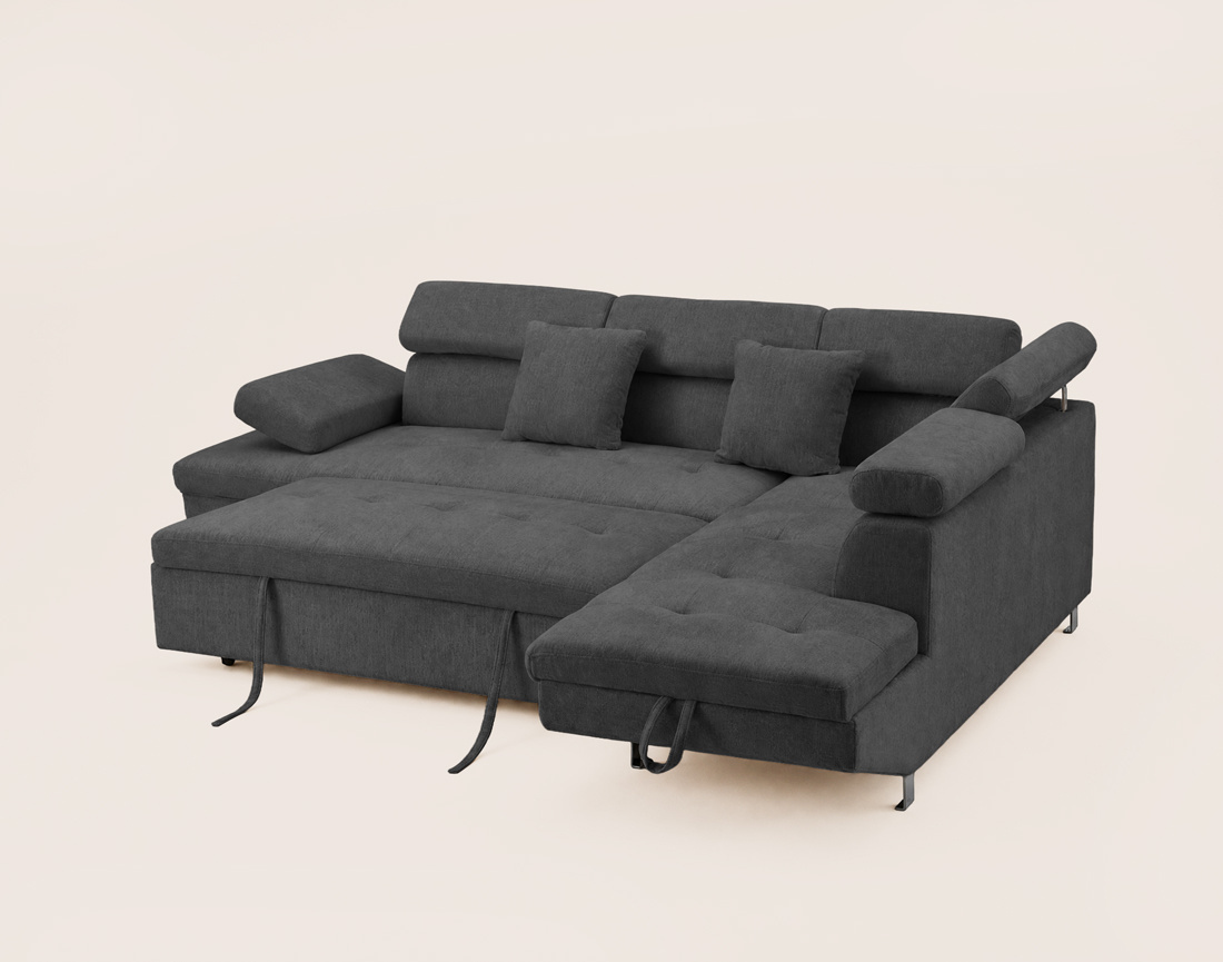 Canapé MARGAUX d'angle droit 5 places convertible avec coffre et têtières réglables en velours texturé | Best Mobilier