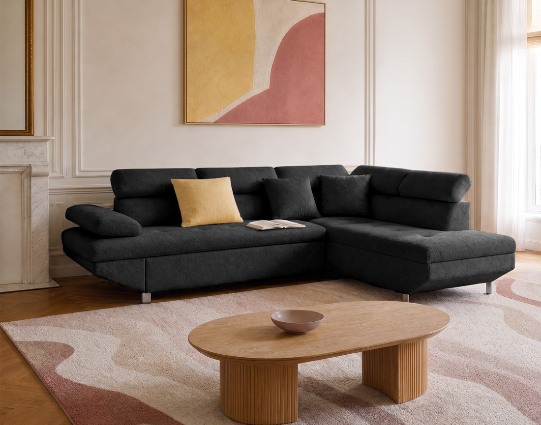 Canapé MARGAUX d'angle droit 5 places convertible avec coffre et têtières réglables en velours texturé | Best Mobilier