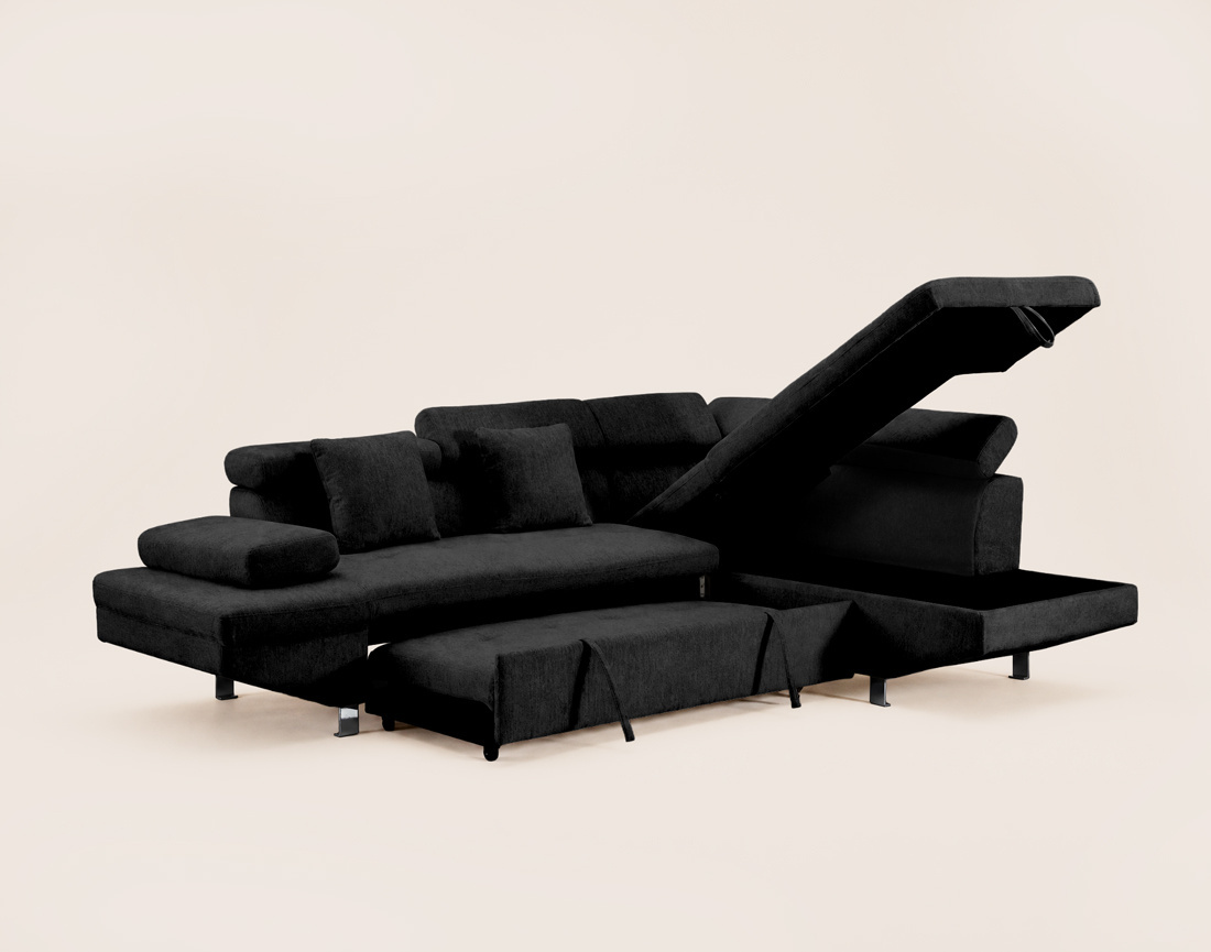 Canapé MARGAUX d'angle droit 5 places convertible avec coffre et têtières réglables en velours texturé | Best Mobilier