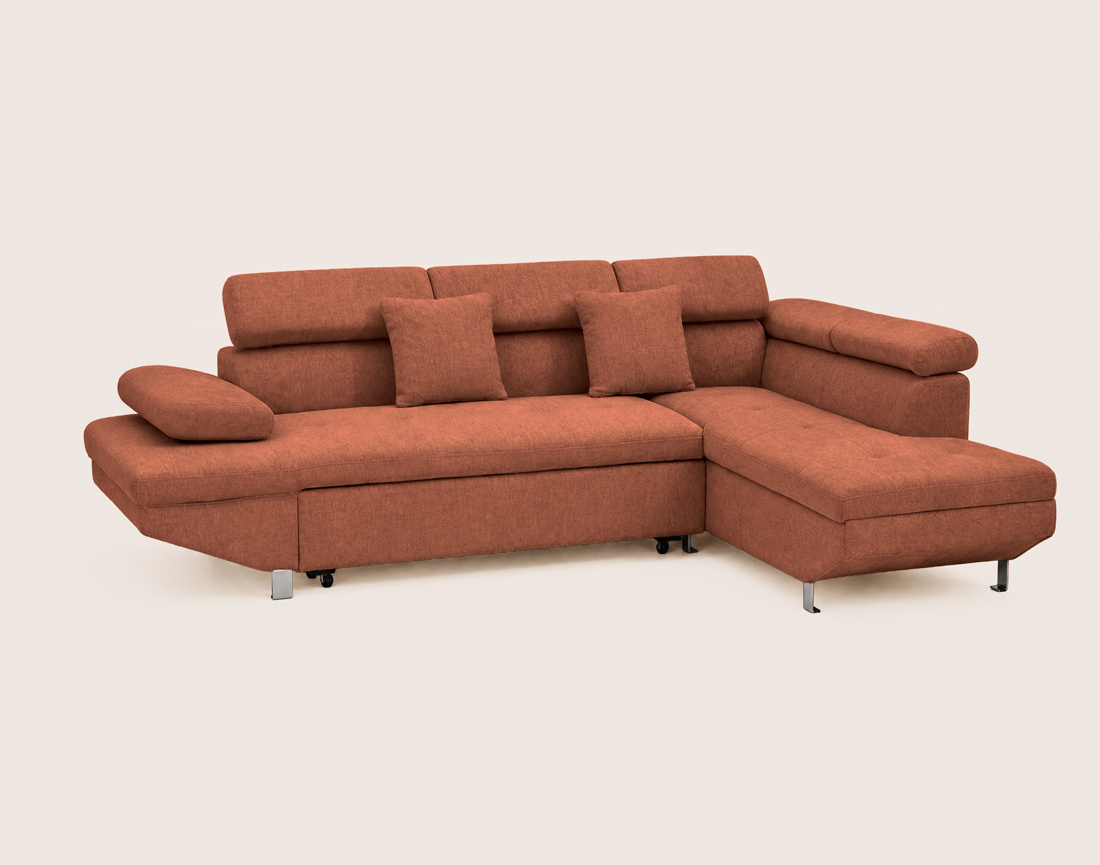 Canapé MARGAUX d'angle droit 5 places convertible avec coffre et têtières réglables en velours texturé | Best Mobilier