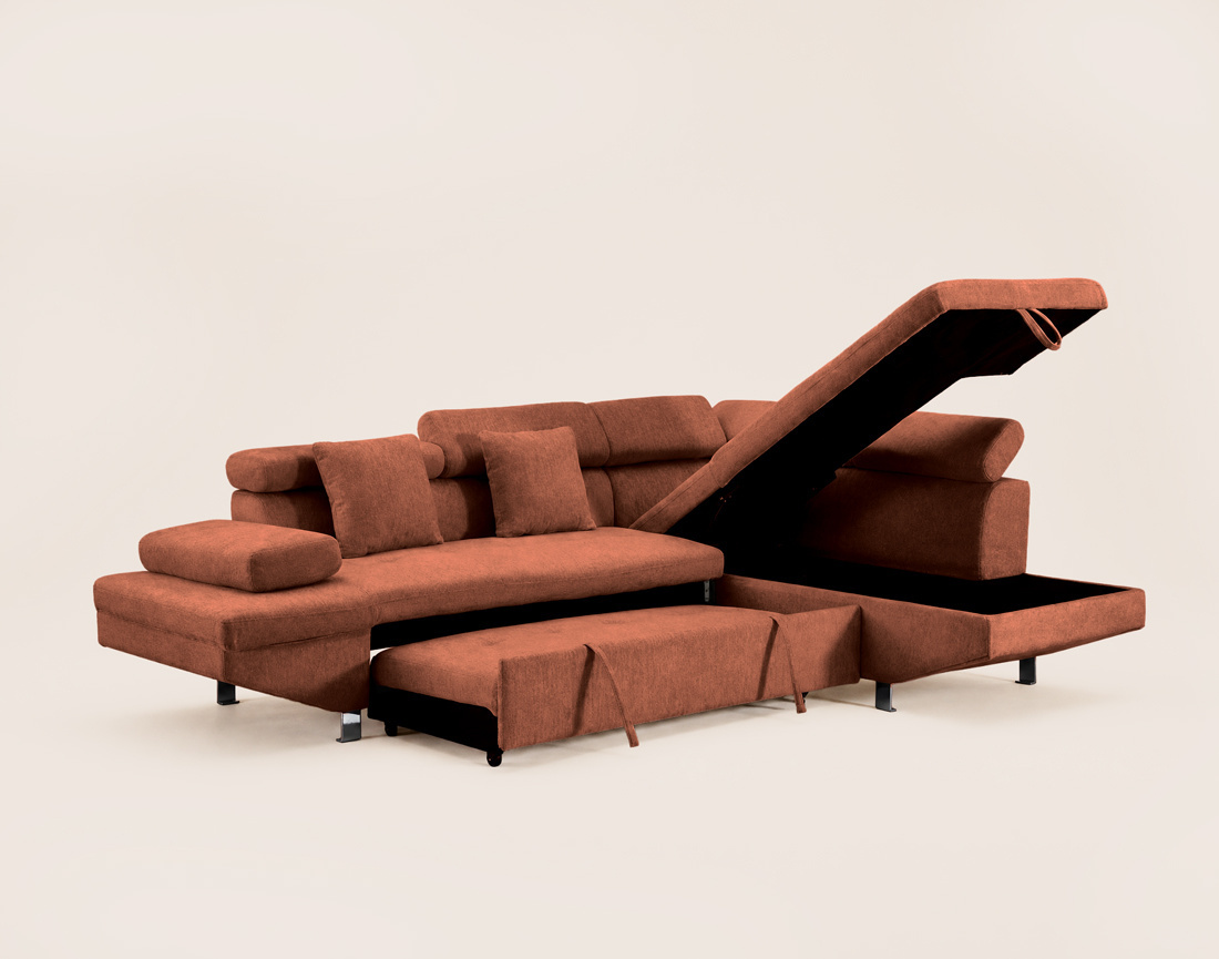 Canapé MARGAUX d'angle droit 5 places convertible avec coffre et têtières réglables en velours texturé | Best Mobilier