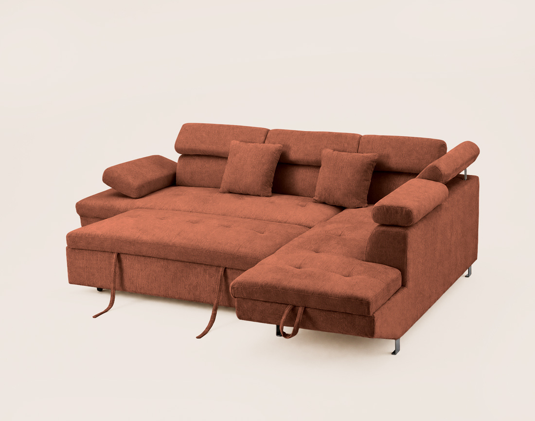 Canapé MARGAUX d'angle droit 5 places convertible avec coffre et têtières réglables en velours texturé | Best Mobilier