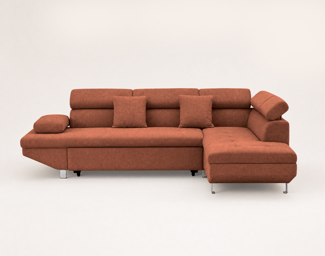 Canapé MARGAUX d'angle droit 5 places convertible avec coffre et têtières réglables en velours texturé | Best Mobilier