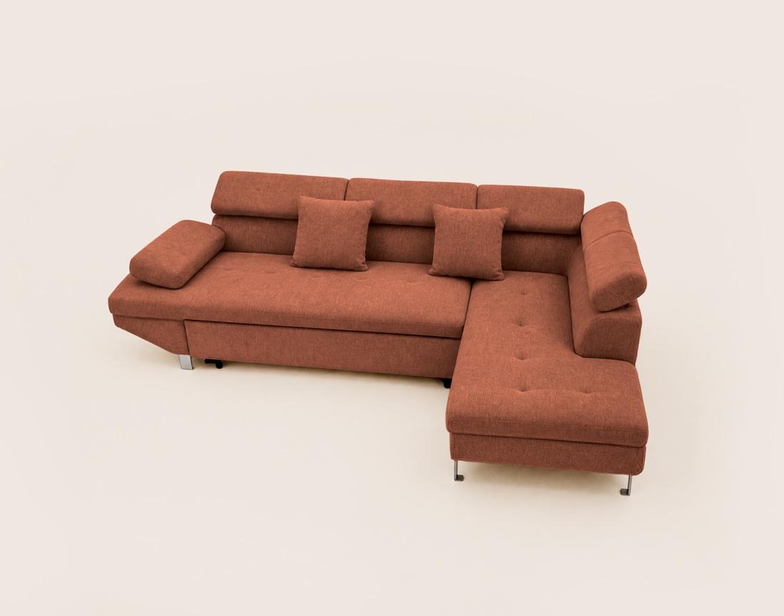 Canapé MARGAUX d'angle droit 5 places convertible avec coffre et têtières réglables en velours texturé | Best Mobilier