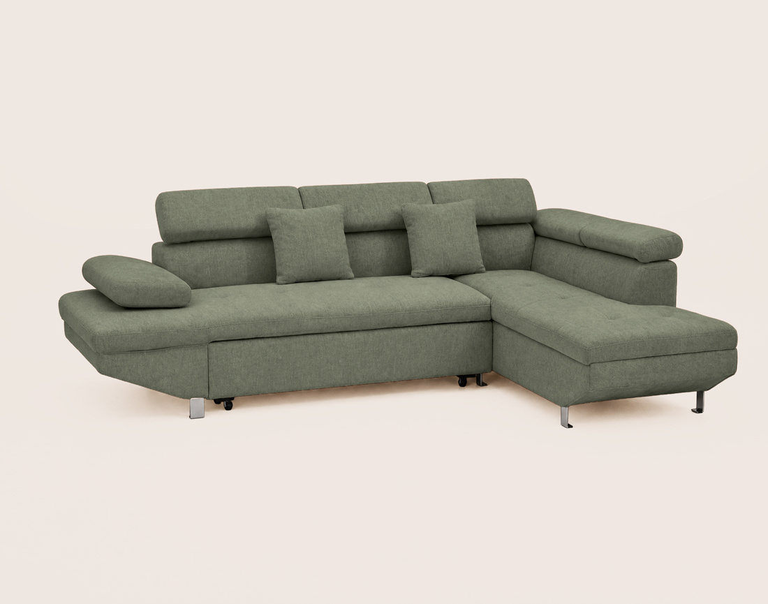 Canapé MARGAUX d'angle droit 5 places convertible avec coffre et têtières réglables en velours texturé | Best Mobilier