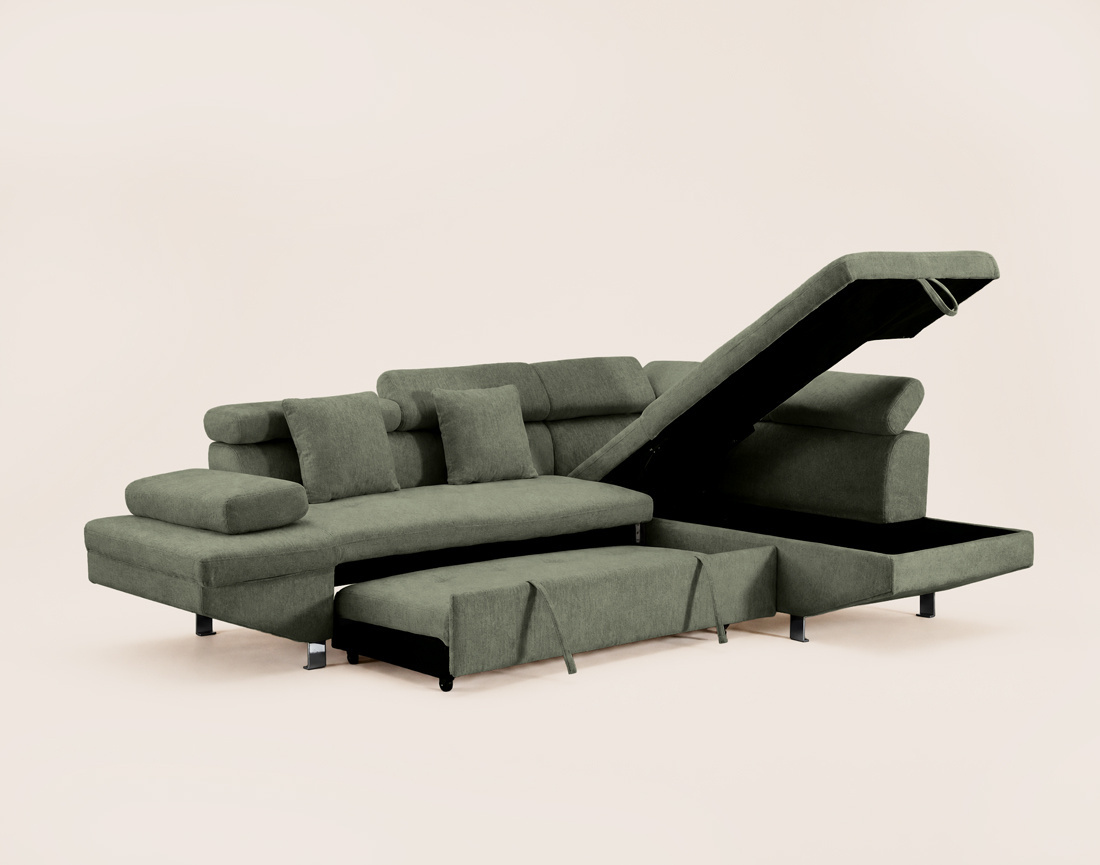 Canapé MARGAUX d'angle droit 5 places convertible avec coffre et têtières réglables en velours texturé | Best Mobilier