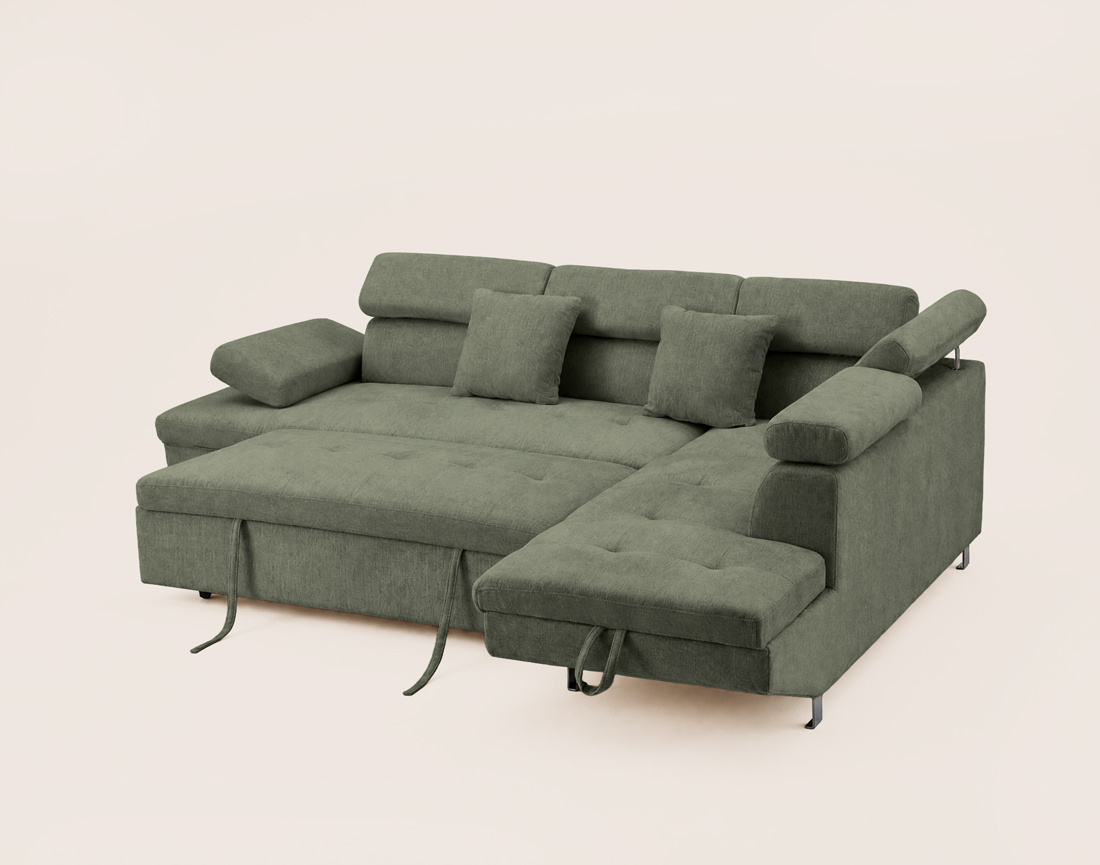 Canapé MARGAUX d'angle droit 5 places convertible avec coffre et têtières réglables en velours texturé | Best Mobilier