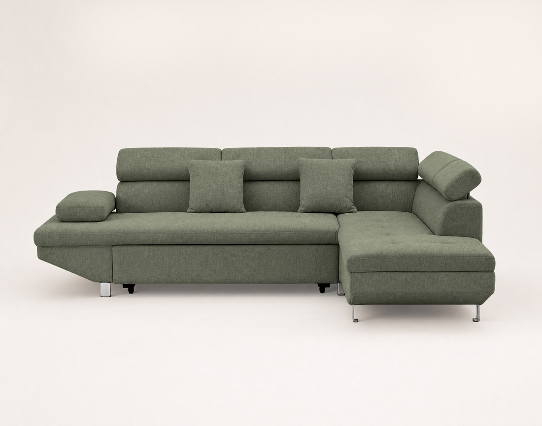 Canapé MARGAUX d'angle droit 5 places convertible avec coffre et têtières réglables en velours texturé | Best Mobilier