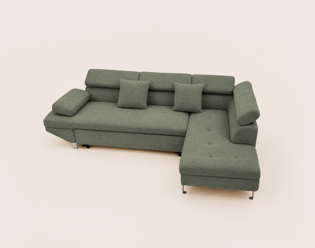 Canapé MARGAUX d'angle droit 5 places convertible avec coffre et têtières réglables en velours texturé | Best Mobilier