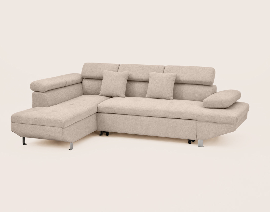 Canapé MARGAUX d'angle gauche 5 places convertible avec coffre et têtières réglables en velours texturé | Best Mobilier